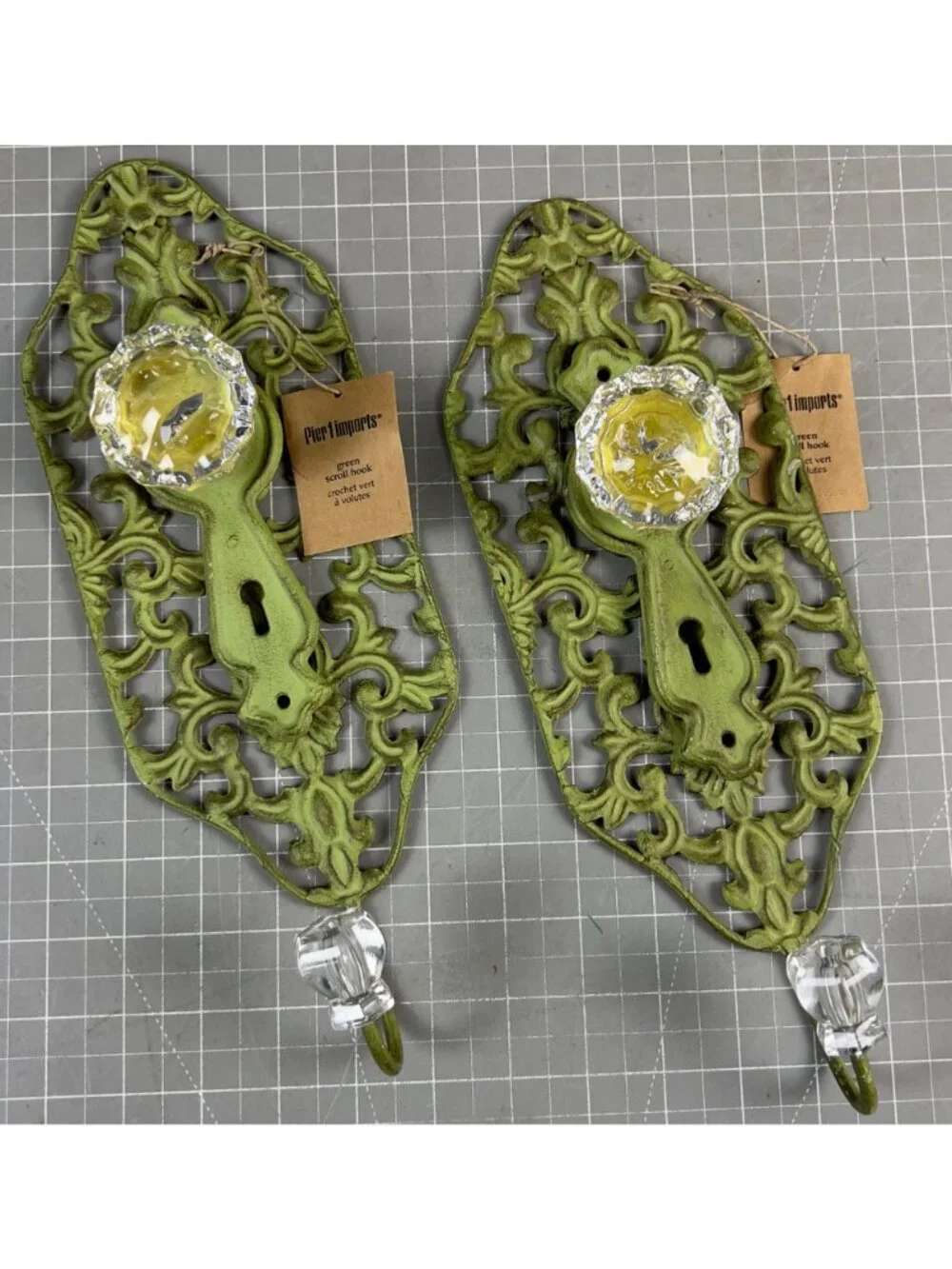 Pair Green Shabby Chic Scroll Metal Wall Hooks Acrylic Knobs By Pier 1 Imports